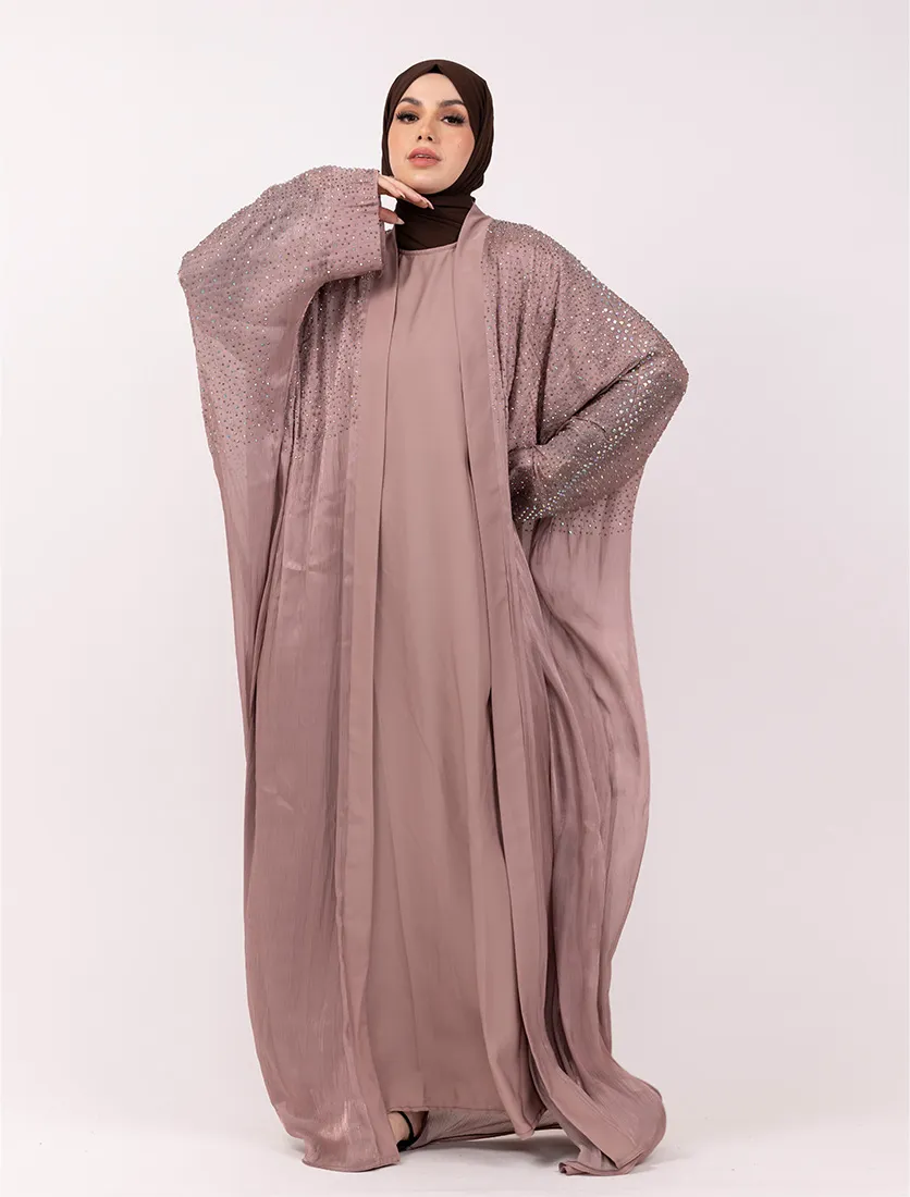 Pink Sparkle Crystal Embellished Sheer Overlay Abaya
